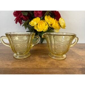 Federal Glass‎ Madrid Amber Creamer Sugar Set Depression Glass Vintage Dining